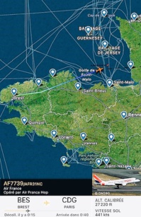 capture écran flightradar24. Le vol Brest-Paris au large de Saint Malo capture écran flightradar24. Le vol Brest-Paris au large de Saint Malo