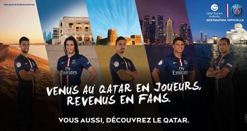 QTA déploie une campagne d'affichage qui met en scène des handballeurs et des footballeurs du PSG devant des sites touristiques du Qatar, à Paris, depuis septembre 2014 - DR