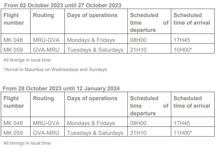Les horaires d'Air Mauritius vers et depuis Genève -DR