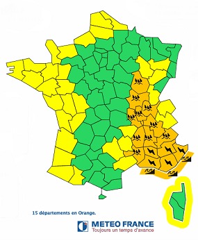 Les 15 départements placés en vigilance orange sont situés dans le Sud-Est et l'Est de la France - DR : Météo France