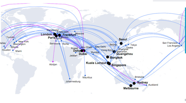 La carte du réseau des 143 Airbus A-380 opérés à ce jour. DR Airbus.