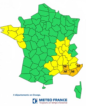 Les Bouches-du-Rhône, le Vaucluse, le Var et les Alpes-Maritimes en vigilance orange - DR : Météo France