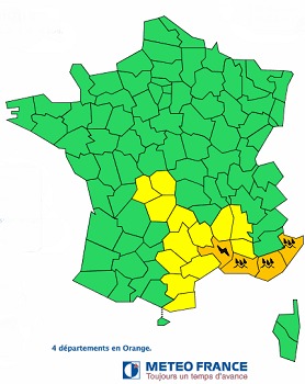 Le Gard, les Bouches-du-Rhônes, le Var et les Alpes-Maritimes sont placés en vigilance orange ce mardi 25 novembre 2014 : DR Météo France