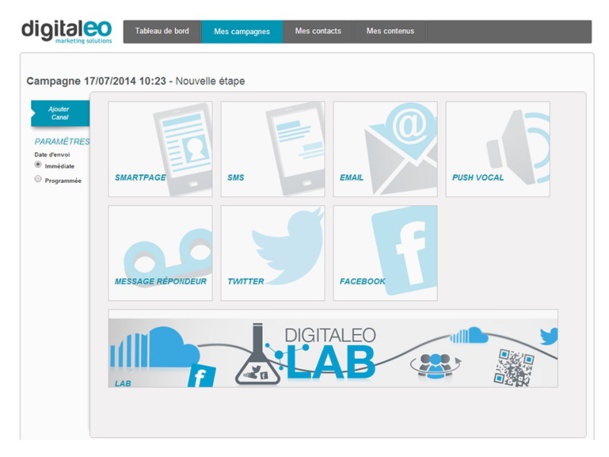 Digitaleo centralise tous les canaux du marketing relationnel digital : SMS, emailing, smartpage, store locator, QRcode, réseaux sociaux, push vocal...