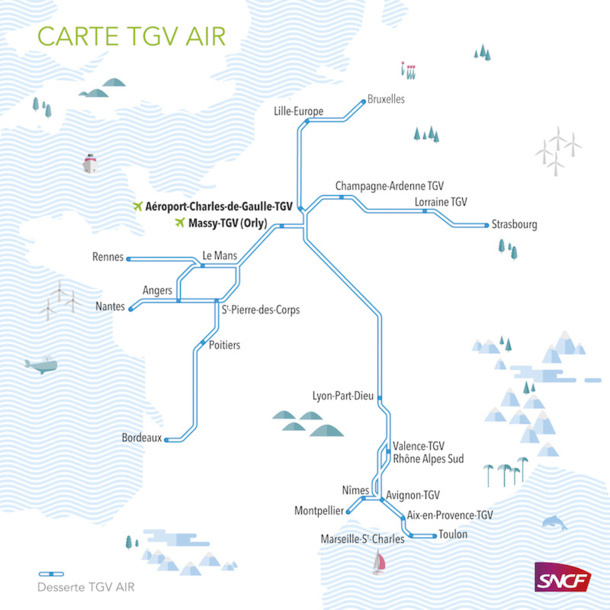 Map of cities included in the TGV AIR network - DR: SNCF