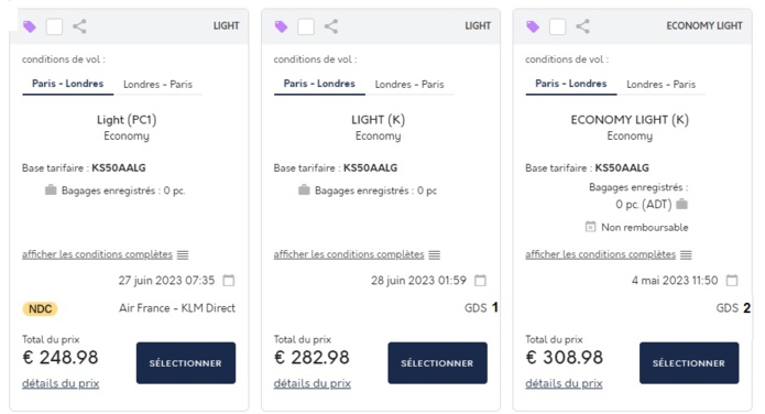 Différence tarifaire entre NDC et deux GDS : test sur vol entre Paris et Londres - Capture écran Différence tarifaire entre NDC et deux GDS : test sur vol entre Paris et Londres - Capture écran