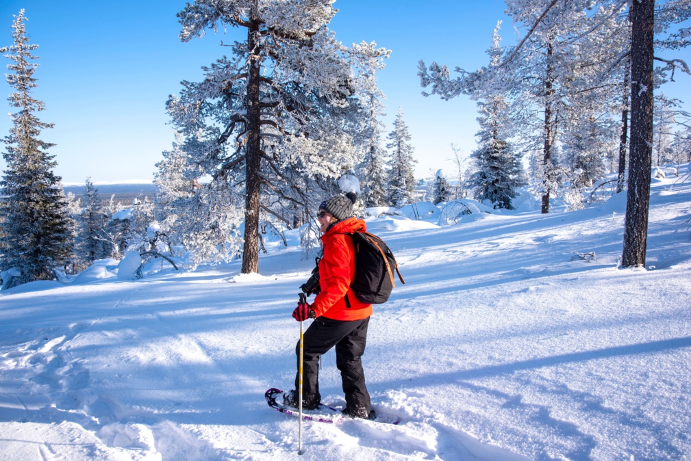 Femme faisant de la raquette dans la forêt d'hiver en Laponie finlandaise © S. Engels - stock.adobe.com