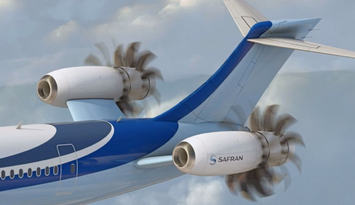 Les open rotors sont une évolution récente des moteurs d'avions, qui utilisent des hélices non enveloppées pour propulser l'aéronef. Ils offrent une consommation de carburant réduite et des émissions de CO2 plus faibles. Crédit : Safran.