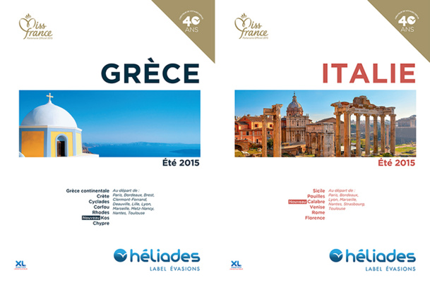La brochure Eté 2015 d'Héliades est présentée en « tête-bêche », avec au recto l’offre Grèce et Chypre, et au verso l’offre Italie et Sicile - DR : Héliades