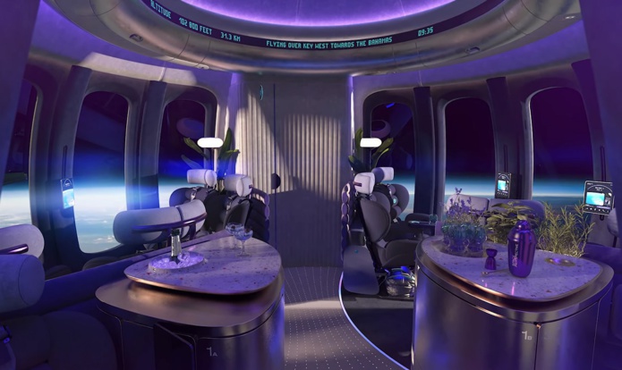 SpaceBalloon, propulsé par de l’hydrogène renouvelable intègre neuf sièges inclinables  (pour huit passagers et un pilote), des fenêtres panoramiques, une connexion Wi-Fi ainsi qu’un bar. - Photo Space Perspective