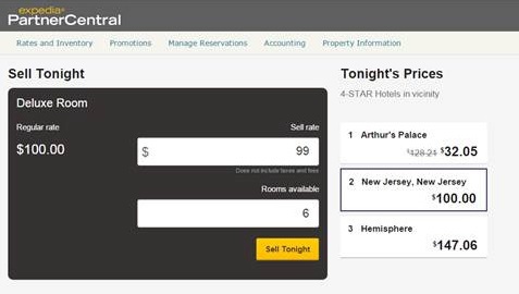 « Sell Tonight » - capture d'écran Expedia « Sell Tonight » - capture d'écran Expedia