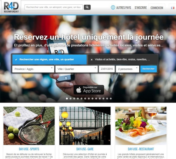 Avec aujourd’hui, plus de 500 hôtels, répartis en Europe, le site permet à des milliers de personnes d’utiliser les services complets d’un hôtel, de bénéficier d’activités touristiques en journée et à des tarifs remisés. DR Capture d'écran www.roomforday.com Avec aujourd’hui, plus de 500 hôtels, répartis en Europe, le site permet à des milliers de personnes d’utiliser les services complets d’un hôtel, de bénéficier d’activités touristiques en journée et à des tarifs remisés. DR Capture d'écran www.roomforday.com