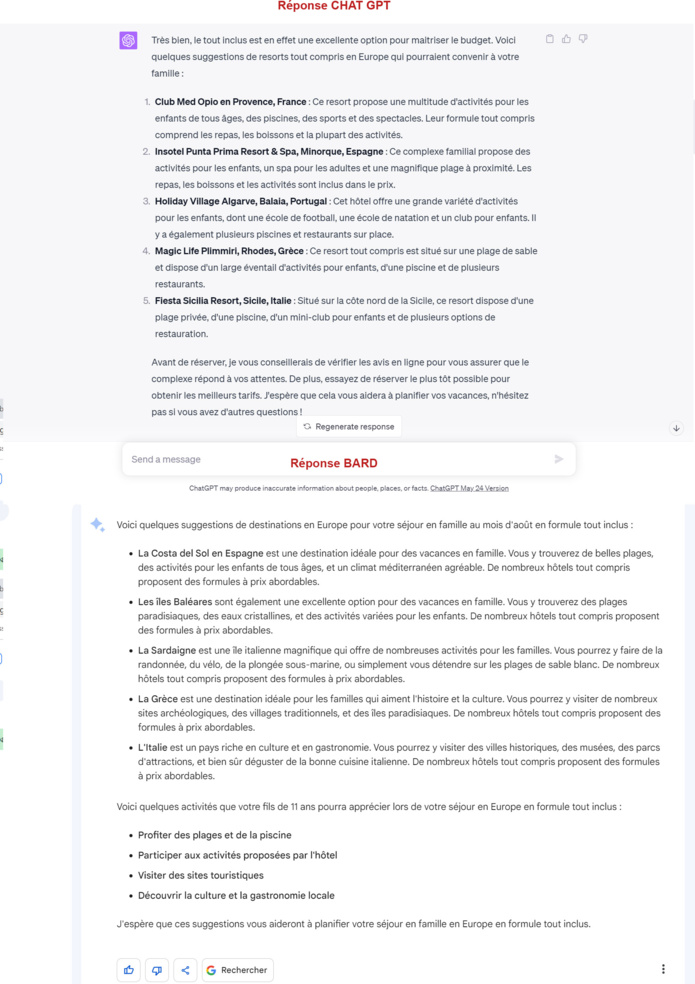 Les réponses de ChatGPT et Google Bard aux mêmes questions. L'intégralité des conversations sont consultables en page 2 - DR