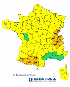 Météo France met en garde contre les risques d'inondation et de crues dans le Sud-Ouest et de verglas et d'avalanches dans les Alpes et le Jura - DR : Météo France