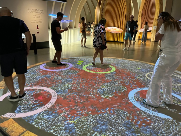 Parmi les "expériences sensorielles" incluses dans son nouveau parcours de visite, la Cité du vin propose de fouler –virtuellement, s’entend- des grappes de raisins avec ses pieds (@PB)