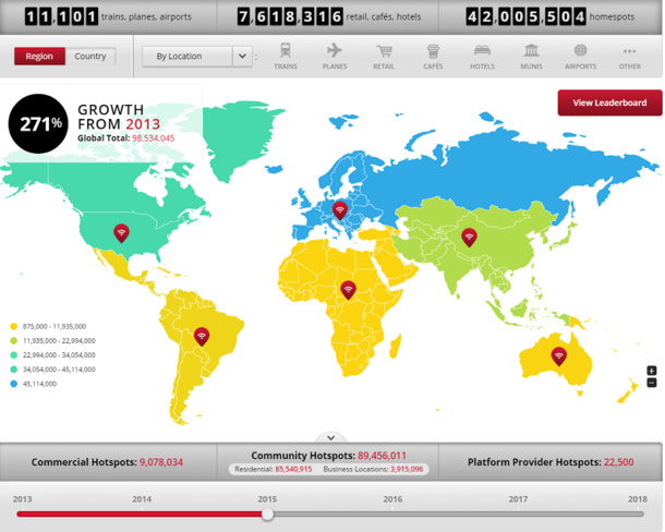 Sur la carte interactive d’iPass, l’Europe, l’Amérique du Nord et l’Asie du Sud-Est apparaissent comme les acteurs proposant le plus de hotspots wifi au 4 février 2015 - DR : IPass