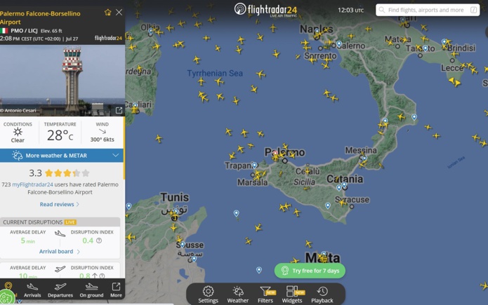 Incendie Sicile : l'aéroport de Palerme a été fermé et a rouvert ses pistes - Photo Flightradar