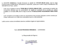 Si le RIB de TahitiVA est domicilié à la Société Générale d'Aix en Provence, c'est aussi le cas pour la société API - Capture écran de l'Attestation de dépôt des fonds