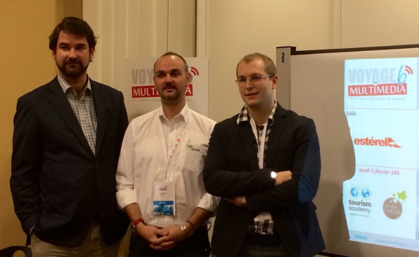 Thomas Yung of Artiref, Gilles Grangier, Director of  Vinivi and Thomas Matthieu, founder of Guest App during the workshop «Comments, internalized or externalized management?» during the Travel in multimedia trade-show in Saint-Raphaël © Mathilde Khlat