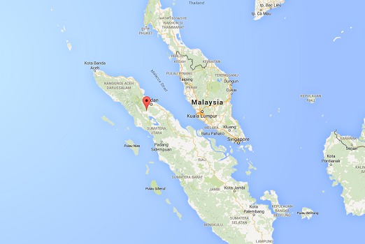 Le volcan Sinabung est situé au Nord de l'Île de Sumatra en Indonésie - DR : Google Maps Le volcan Sinabung est situé au Nord de l'Île de Sumatra en Indonésie - DR : Google Maps