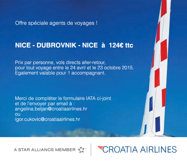 Croatia Airlines : tarif agent de voyages entre Nice et Dubrovnik Croatia Airlines : tarif agent de voyages entre Nice et Dubrovnik