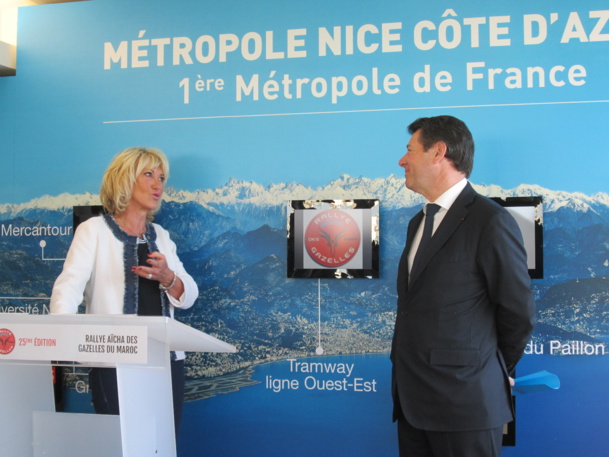 D. Serra, créatrice et organisatrice du Rallye et C. Estrosi député-maire de Nice, la ville de départ de la 25ème édition, lors de la présentation dans les locaux parisiens de la Maison Métropole de Nice Côte d'Azur - DR : M.S.