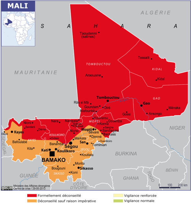 La carte du Quai d'Orsay concernant les déplacements au Mali - DR MAE La carte du Quai d'Orsay concernant les déplacements au Mali - DR MAE