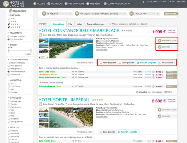 Parmi les fonctionnalités : un bouton "Montrer au client", la comparaison dynamique de plusieurs hôtels, et l'accès grâce à des onglets aux options : petit-déjeuner, demi-pension, pension complète et All inclusive (voir encadré rouge) - Capture Ecran Parmi les fonctionnalités : un bouton "Montrer au client", la comparaison dynamique de plusieurs hôtels, et l'accès grâce à des onglets aux options : petit-déjeuner, demi-pension, pension complète et All inclusive (voir encadré rouge) - Capture Ecran