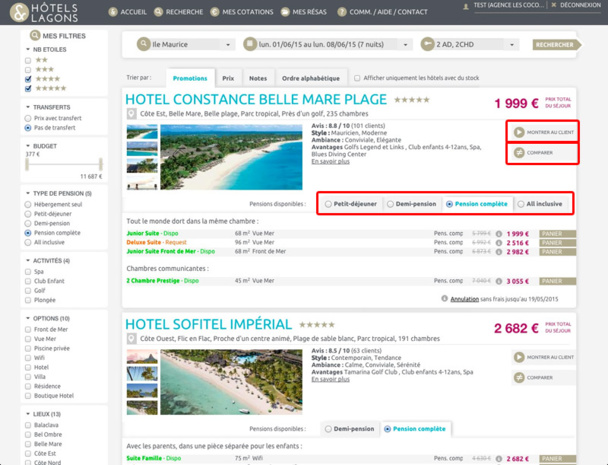 Parmi les fonctionnalités : un bouton "Montrer au client", la comparaison dynamique de plusieurs hôtels, et l'accès grâce à des onglets aux options : petit-déjeuner, demi-pension, pension complète et All inclusive (voir encadré rouge) - Capture Ecran