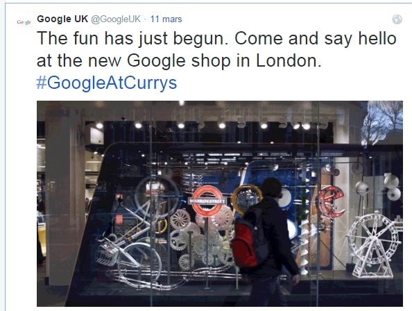 Google a ouvert mercredi dernier sa première boutique sur Tottenham Court Road à Londres. ©Twitter Google a ouvert mercredi dernier sa première boutique sur Tottenham Court Road à Londres. ©Twitter