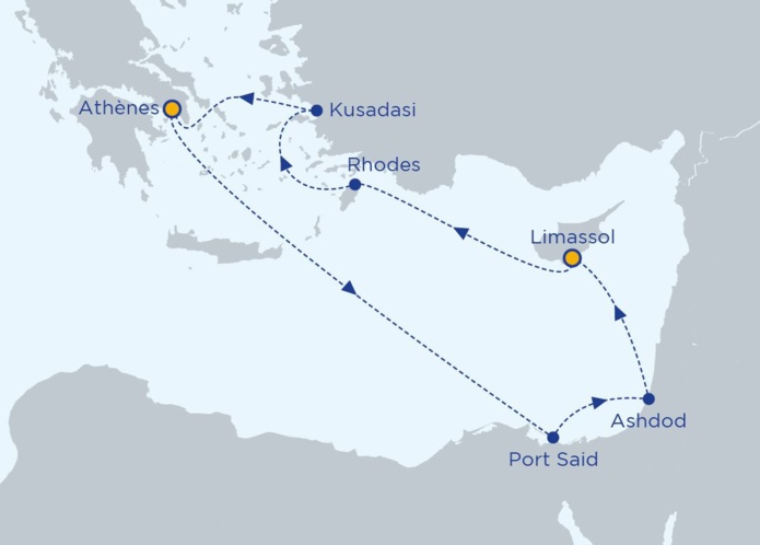 L'itinéraire initial de la croisière Celestyal qui faisait escale à Ashdod en Istraël et qui fera escale à Héraklion - DR Celestyal