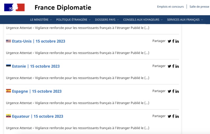 Le Ministère de l'Europe et des Affaires Etrangères a été mis à jour. Le Quai d'Orsay recommande une "vigilance renforcée" pour tous les Français présents à l'étranger - Capture écran