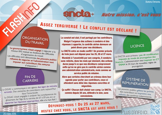 Le SNCTA appelle les contrôleurs aériens français à se mettre en grève du 25 au 27 mars 2015 - DR : SNCTA Le SNCTA appelle les contrôleurs aériens français à se mettre en grève du 25 au 27 mars 2015 - DR : SNCTA