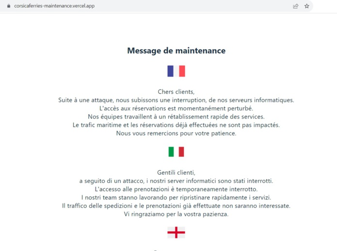 Le site de Corsica Ferries est hors ligne, victime d'une attaque - DR Le site de Corsica Ferries est hors ligne, victime d'une attaque - DR