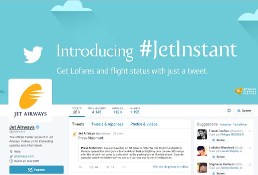 Le compte de Jet Airways sur Twitter - Capture d'écran
