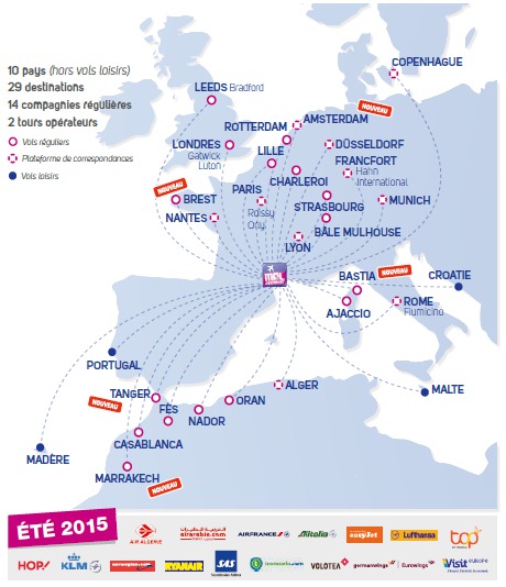 Le réseau de destinations desservies au départ de Montpellier Méditerranée pour l'été 2015 - DR : Montpellier Méditerranée