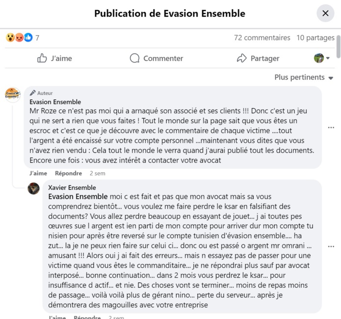 Des échanges houleux entre Aymem Omrani et Xavier Roze sur la page facebook d'Evasion Ensemble - DR Des échanges houleux entre Aymem Omrani et Xavier Roze sur la page facebook d'Evasion Ensemble - DR