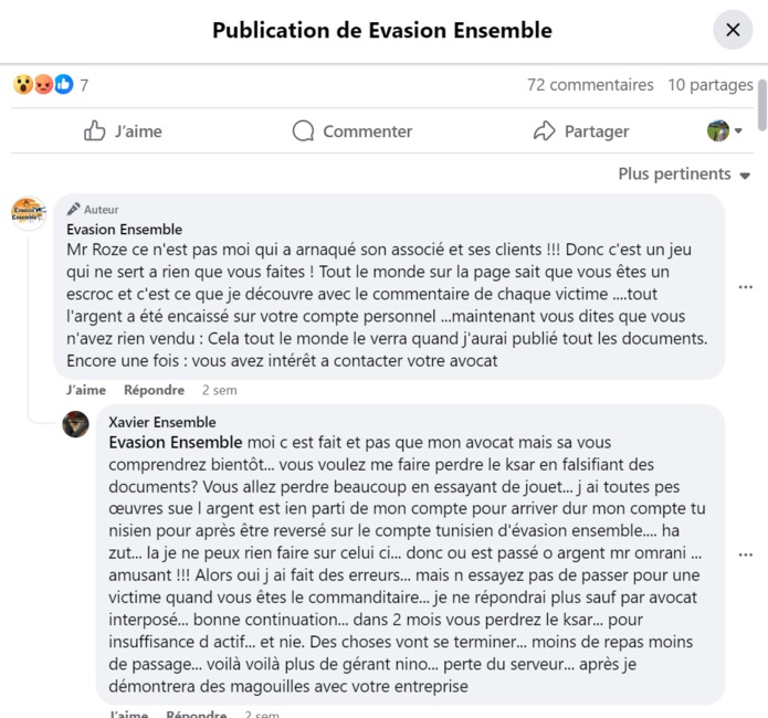 Des échanges houleux entre Aymem Omrani et Xavier Roze sur la page facebook d'Evasion Ensemble - DR