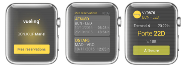 L'application Apple Watch de Vueling sera lancée le 24 avril 2015, avec le lancement européen de la montre connectée - DR : Vueling L'application Apple Watch de Vueling sera lancée le 24 avril 2015, avec le lancement européen de la montre connectée - DR : Vueling