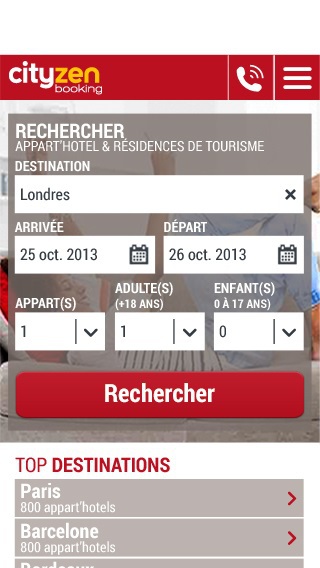 La home du site mobile de cityzenbooking.com La home du site mobile de cityzenbooking.com