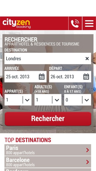 La home du site mobile de cityzenbooking.com