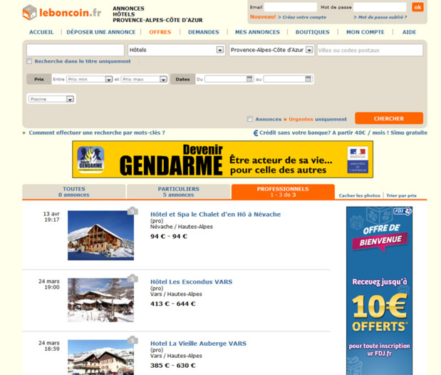 Le site Leboncoin.fr a lancé une nouvelle catégorie "Vacances" - Capture écran