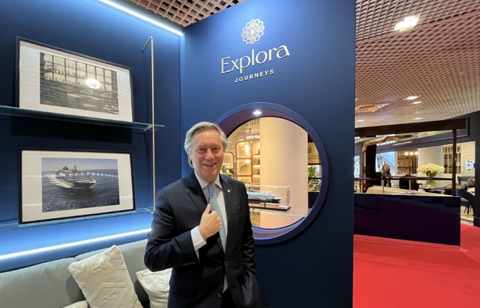 Patrick Pourbaix sur le stand de Explora Journeys, à l’ILTM de Cannes (PB)