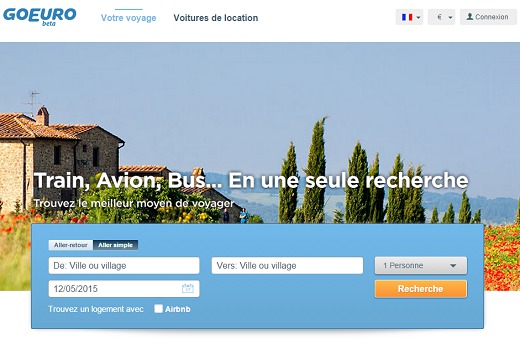 GoEuro.fr est un comparateur qui prend en compte divers moyens de transports - Capture d'écran