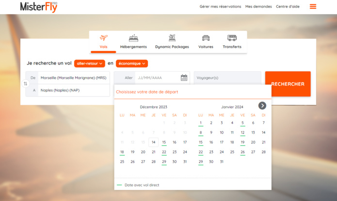 Le calendrier des vols directs est accessible dès le moteur de recherche des vols - Capture écran Misterfly