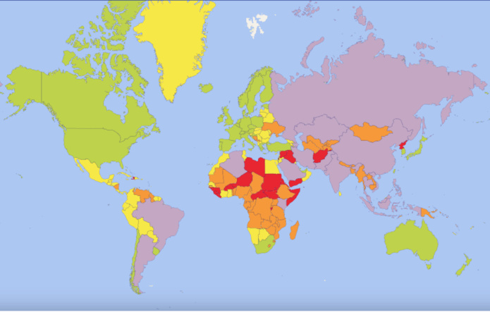 International SOS publie une carte interactive (lien ci-dessous) des risques. Cette année, elle intègre une description liée au changement climatique, aux côtés des items sécurité, santé, santé mentale. (capture d'écran International SOS)