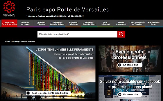 Sur son site Internet, VIParis présente le projet de modernisation du centre de conventions Paris Expo - Capture d'écran