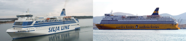 Le Mega Andrea (à gauche) sera le sistership du Mega Smeralda (à droite) - DR : Corsica Ferries