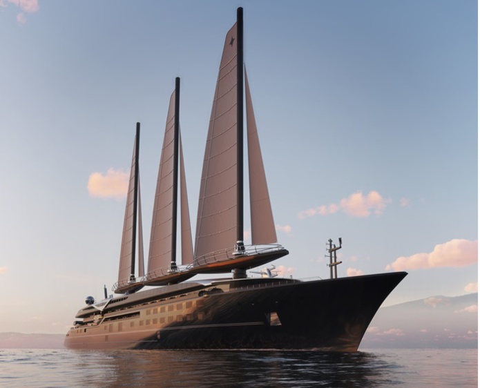 Trois voiles rigides d’une surface de 1500 mètres chacune se hisseront sur un gréement à balestron, aux 3 mâts inclinables © Martin Darzacq for Orient Express, Accor