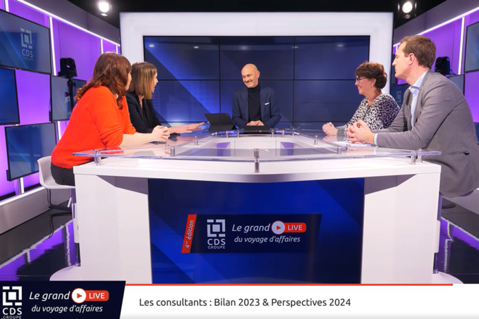 Amélie BERRUEX (Axys Odyssey), Aurélie DUPREZ (AREKA Consulting), Brigitte JAKUBOWSKI (JK Associates Consulting) et Christophe ROTH (EPSA) ont participé à la table-ronde « Bilan 2023 & Perspectives 2024 », lors du Grand Live du Voyages d’affaires organisé le 18 janvier par CDS Groupe. – Capture d’écran